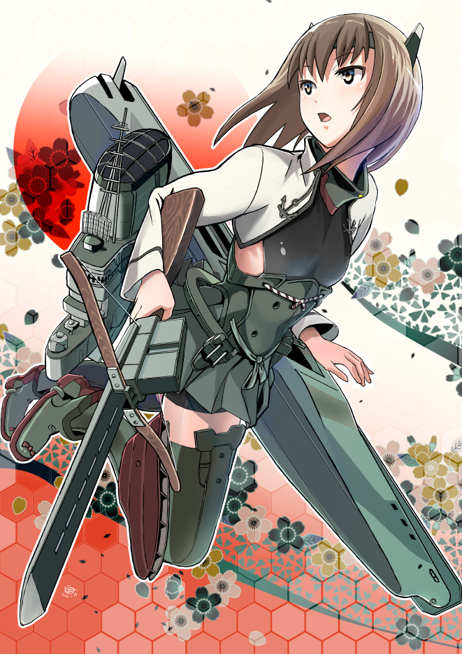 1girl bow_(weapon) brown_eyes brown_hair cherry_blossom_print commentary_request crossbow floral_background floral_print headband holding holding_crossbow holding_weapon honeycomb_(pattern) honeycomb_background kantai_collection kinoshita_daigo looking_to_the_side machinery open_mouth repeating_crossbow revision short_hair solo taihou_(kancolle) taihou_kai_(kancolle) weapon