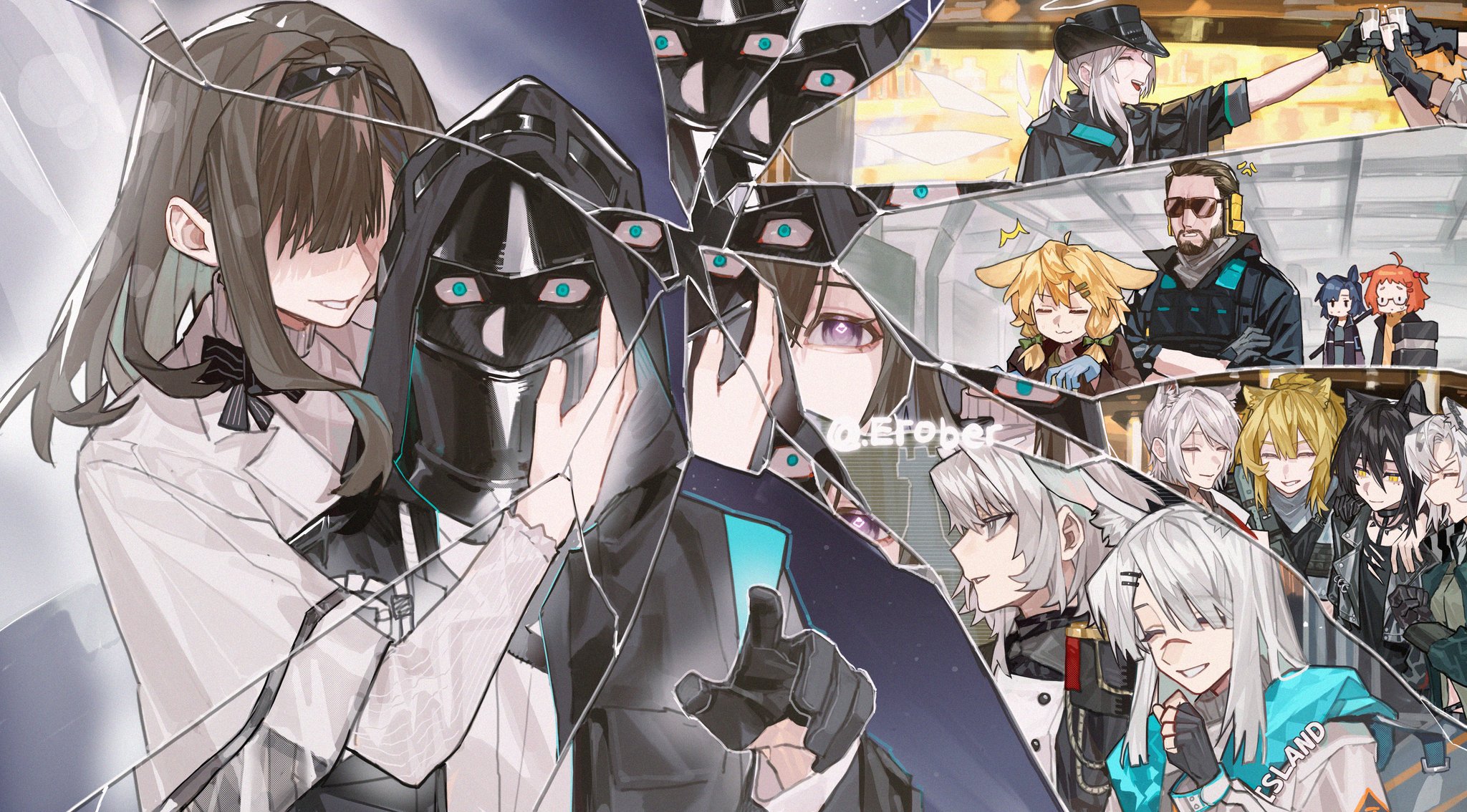 1boy 1other 6+girls ace_(arknights) allerdale_(arknights) animal_ears arknights artist_name beagle_(arknights) black_gloves black_hairband black_jacket blonde_hair blue_eyes blue_hair brown_hair cat_ears closed_eyes coat commentary crack dagda_(arknights) doctor_(arknights) english_commentary engrish_commentary erober fang_(arknights) frostnova_(arknights) gloves grey_eyes hairband halo hat highres hood indra_(arknights) jacket kroos_(arknights) lion_ears looking_at_viewer mask multiple_girls orange_hair outcast_(arknights) priestess_(arknights) purple_eyes rabbit_ears scar scar_on_face siege_(arknights) sunglasses sweater talulah_(arknights) white_coat white_hair yellow_eyes