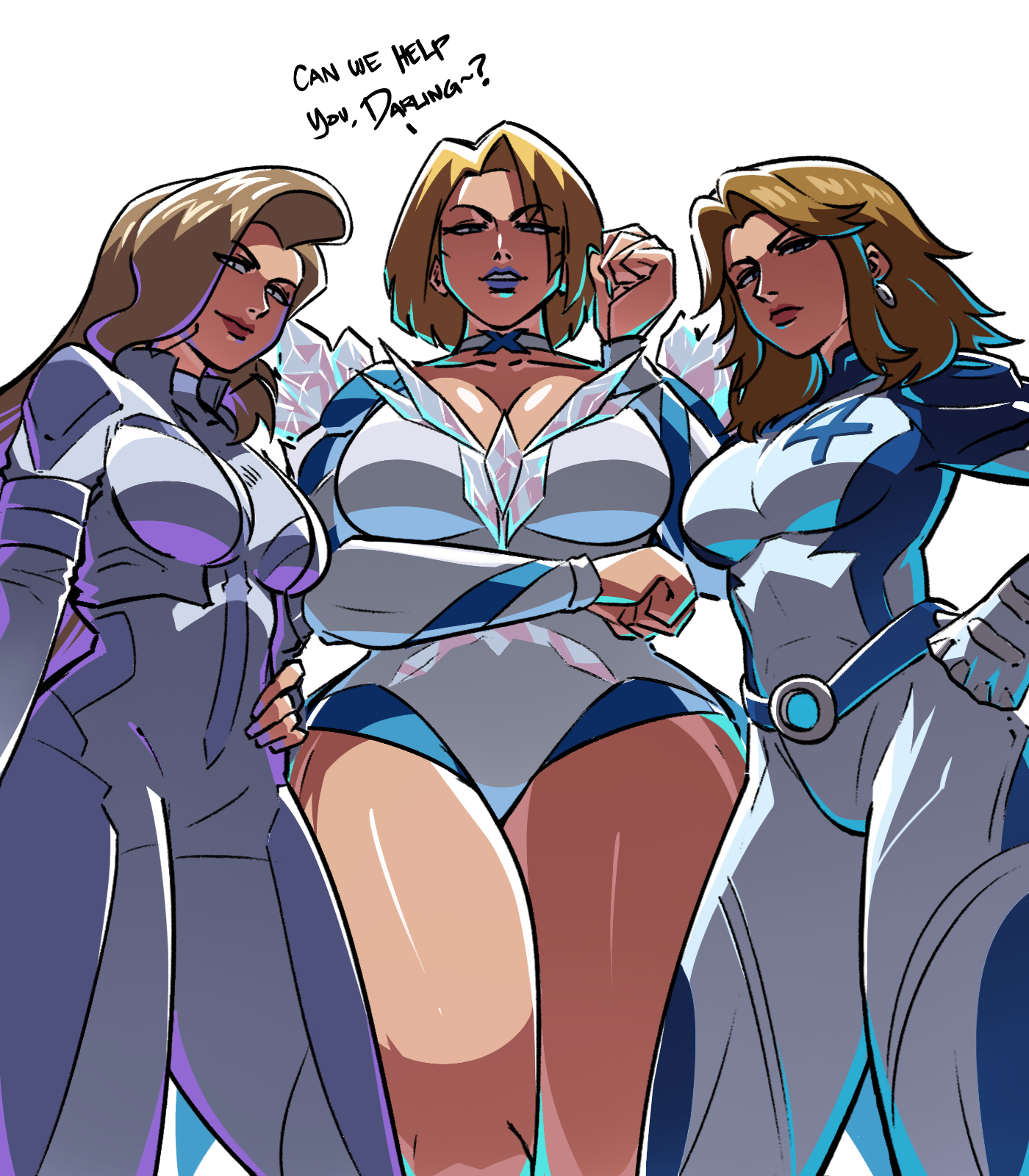 3girls blonde_hair blue_hair bodysuit breasts color_connection crossed_arm dagger_(marvel) earrings emma_frost english_text eyes_visible_through_hair female_focus gloves hair_color_connection hands_on_own_hips highres jewelry large_breasts lips looking_down marvel marvel_rivals mavel medium_breasts multiple_girls pov serious sue_storm tina_fate trait_connection white_background