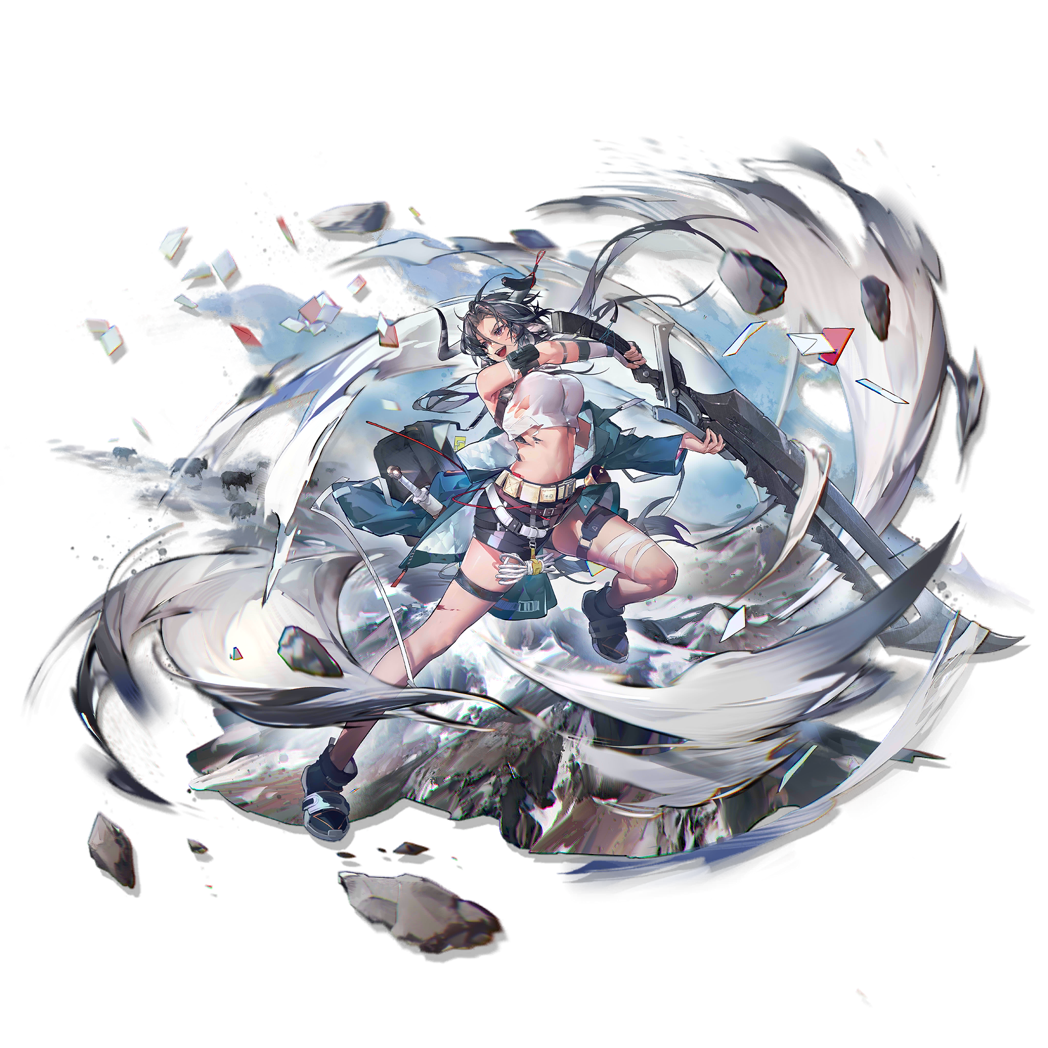 1girl :d arknights artist_request bare_legs bare_shoulders black_hair black_shoes breasts commentary_request crop_top elite_ii_(arknights) fingerless_gloves full_body gloves hand_on_own_hip highres horns infection_monitor_(arknights) large_breasts material_growth medium_hair midriff navel official_art open_mouth oripathy_lesion_(arknights) purple_eyes shirt shoes single_glove smile solo stomach thigh_strap thighs transparent_background white_shirt wind_chimes_(arknights)
