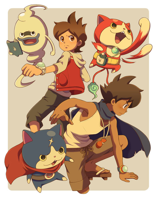 10s 2boys amano_keita arm_support blue_cape blue_lips border brown_eyes brown_hair cape cat cyaneko fire flame-tipped_tail from_behind frown fuyunyan geta ghost grandfather_and_grandson haramaki hood hooded_jacket jacket jibanyan keizou looking_back multiple_boys multiple_tails no_socks on_one_knee open_clothes open_jacket open_mouth red_cape scar short_hair simple_background tablet_pc tail traditional_youkai two_tails watch whisper_(youkai_watch) white_border youkai_pad youkai_watch youkai_watch_(object) youkai_watch_2 youkai_watch_zero-shiki