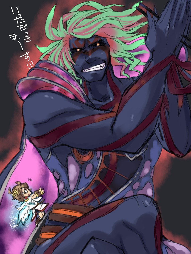 2boys ahoge angel angel_wings black_sclera colored_sclera colored_skin dated eric_flay green_hair hades_(kid_icarus) kid_icarus kid_icarus_uprising male_focus multicolored_hair multiple_boys nintendo own_hands_together pit_(kid_icarus) purple_skin red_hair teeth two-tone_hair wings