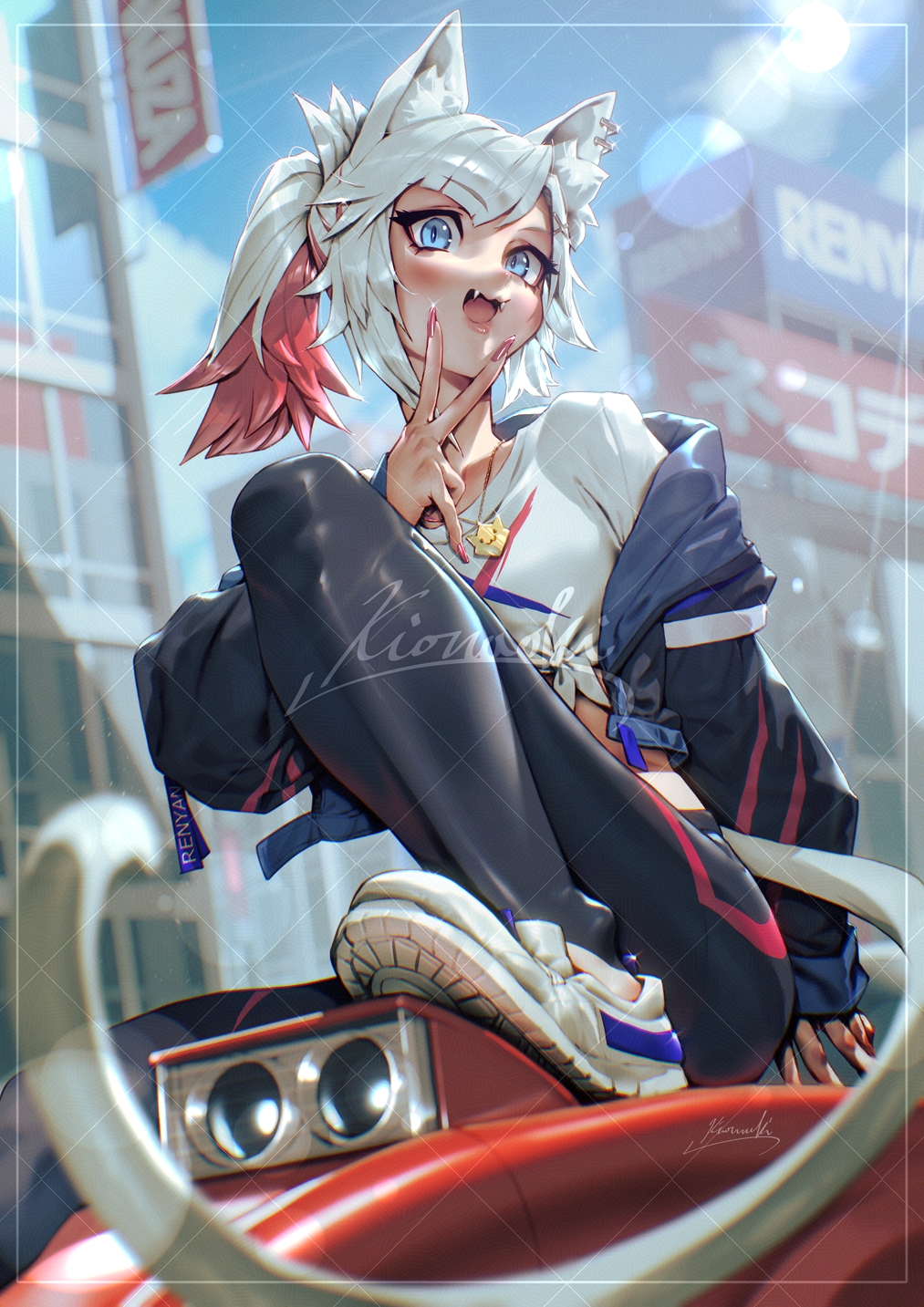 1girl animal_ear_fluff animal_ear_piercing animal_ears blue_eyes blurry blurry_background cat_ears cat_girl commission cropped_jacket fangs highres jacket jewelry kionaoki looking_at_viewer multicolored_hair open_clothes open_jacket open_mouth original pants parted_bangs pendant pink_nails ponytail red_hair shirt short_ponytail tied_shirt tight_clothes tight_pants two-tone_hair v watermark watermark_grid white_hair