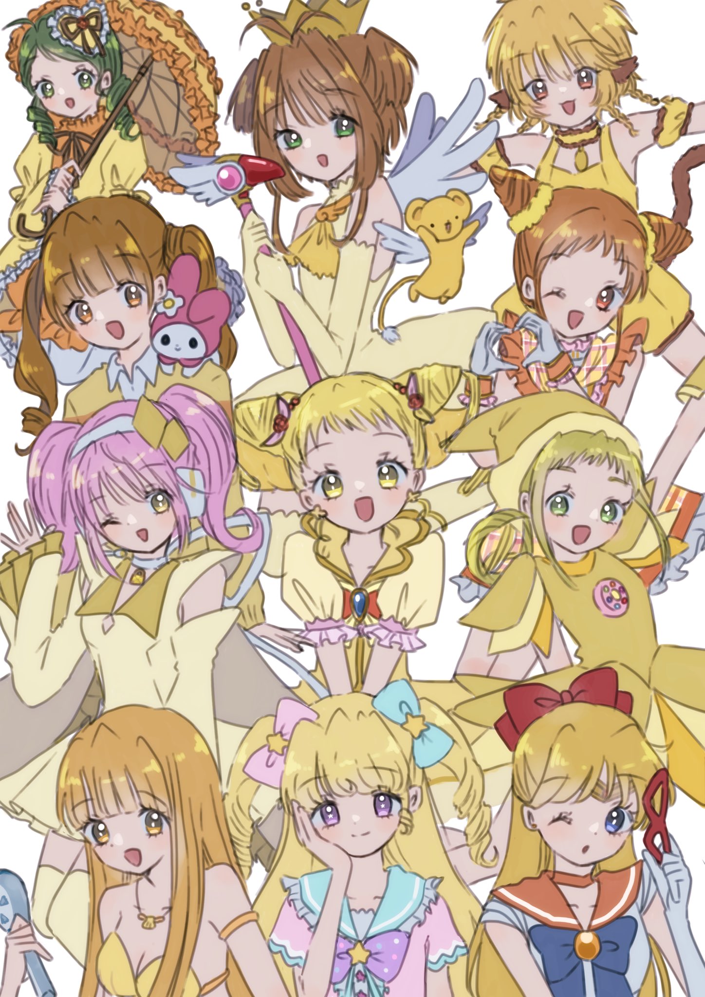 6+girls aikatsu! aikatsu!_(series) amulet_dia annotated arisugawa_otome arm_up armlet asuka_momoko atat_karubi bare_shoulders bishoujo_senshi_sailor_moon blonde_hair blue_bow blue_bowtie blue_eyes bow bowtie braid brown_hair cardcaptor_sakura choker coco_(mermaid)_(mermaid_melody_pichi_pichi_pitch) coco_(mermaid_melody_pichi_pichi_pitch) collarbone color_connection commentary cone_hair_bun crossover crown cure_lemonade detached_sleeves diamond_hair_ornament domino_mask dress drill_hair elbow_gloves english_commentary female_focus finger_heart fong_pudding frilled_choker frilled_sleeves frills fuuin_no_tsue gloves green_eyes green_hair hair_bow hair_bun hairband hand_on_own_cheek hand_on_own_face hat highres hinamori_amu holding holding_mask holding_microphone holding_umbrella holding_wand idol_time_pripara jewelry kanaria kasugano_urara_(yes!_precure_5) kero_(cardcaptor_sakura) kinomoto_sakura kinomoto_sakura_(miraculous_sakura) long_hair magical_girl mask matching_hair/eyes mermaid_melody_pichi_pichi_pitch mew_pudding microphone multiple_crossover multiple_girls my_melody necklace ojamajo_doremi on_shoulder one_eye_closed onegai_my_melody open_mouth orange_choker orange_sailor_collar pink_hair precure pretty_series pripara puffy_detached_sleeves puffy_sleeves red_bow rozen_maiden sailor_collar sailor_senshi_uniform sanrio shell shell_necklace shirt short_hair shugo_chara! sidelocks simple_background sleeveless sleeveless_dress sweater tiara tokyo_mew_mew twin_braids twin_drills twintails umbrella wand white_background white_gloves white_hairband white_shirt wide_sleeves wings wink witch_hat yellow_dress yellow_eyes yellow_gloves yellow_headwear yellow_sweater yellow_theme yes!_precure_5 yumekawa_yui yumeno_uta