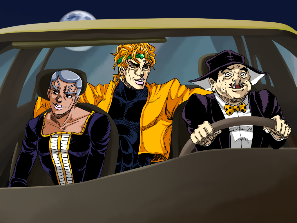 3boys bow bowtie broken_tooth car_interior dark-skinned_male dark_skin dio_brando enrico_pucci fedora formal_clothes full_moon hat headbanging heart_headband jacket jojo_no_kimyou_na_bouken left-hand_drive male_focus meme metamin_(memethah) moon multiple_boys official_style polka_dot_bowtie stardust_crusaders steering_wheel suit turtleneck what_is_love_(meme) white_hair wilson_philips yellow_jacket