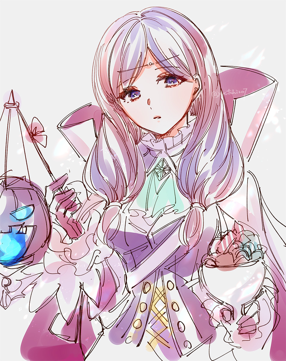 1girl ascot cape fire_emblem fire_emblem:_path_of_radiance fire_emblem_heroes halloween_costume highres ilyana_(fire_emblem) ilyana_(halloween)_(fire_emblem) jack-o&#039;-lantern long_hair long_sleeves looking_at_viewer nintendo official_alternate_costume parted_lips purple_eyes purple_hair solo twitter_username yutohiroya