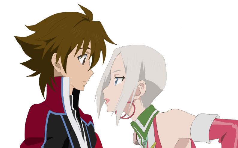 1boy 1girl bare_shoulders blue_eyes brown_eyes earrings elbow_gloves gloves grey_hair ines_lorenzen jacket jewelry lips kor_meteor short_hair tales_of_(series) tales_of_hearts
