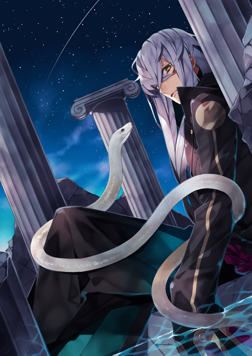 1boy animal asclepius_(fate) black_coat black_pants braid closed_mouth coat column crossed_bangs dutch_angle expressionless fate/grand_order fate_(series) feet_out_of_frame from_side game_cg gradient_hair green_eyes hair_between_eyes long_hair long_sidelocks looking_at_viewer male_focus multicolored_hair night night_sky official_art pants partially_submerged pillar pink_hair shooting_star sidelocks sitting sky sleeves_past_wrists snake solo star_(sky) starry_sky teita_(88_taho) third-party_source very_long_hair water white_snake