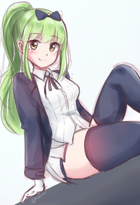 1girl azur_lane black_thighhighs blue_background blush brown_eyes closed_mouth female_focus gloves green_hair high_ponytail knee_up long_hair looking_at_viewer ponytail rokuuso shropshire_(azur_lane) simple_background smile solo thighhighs