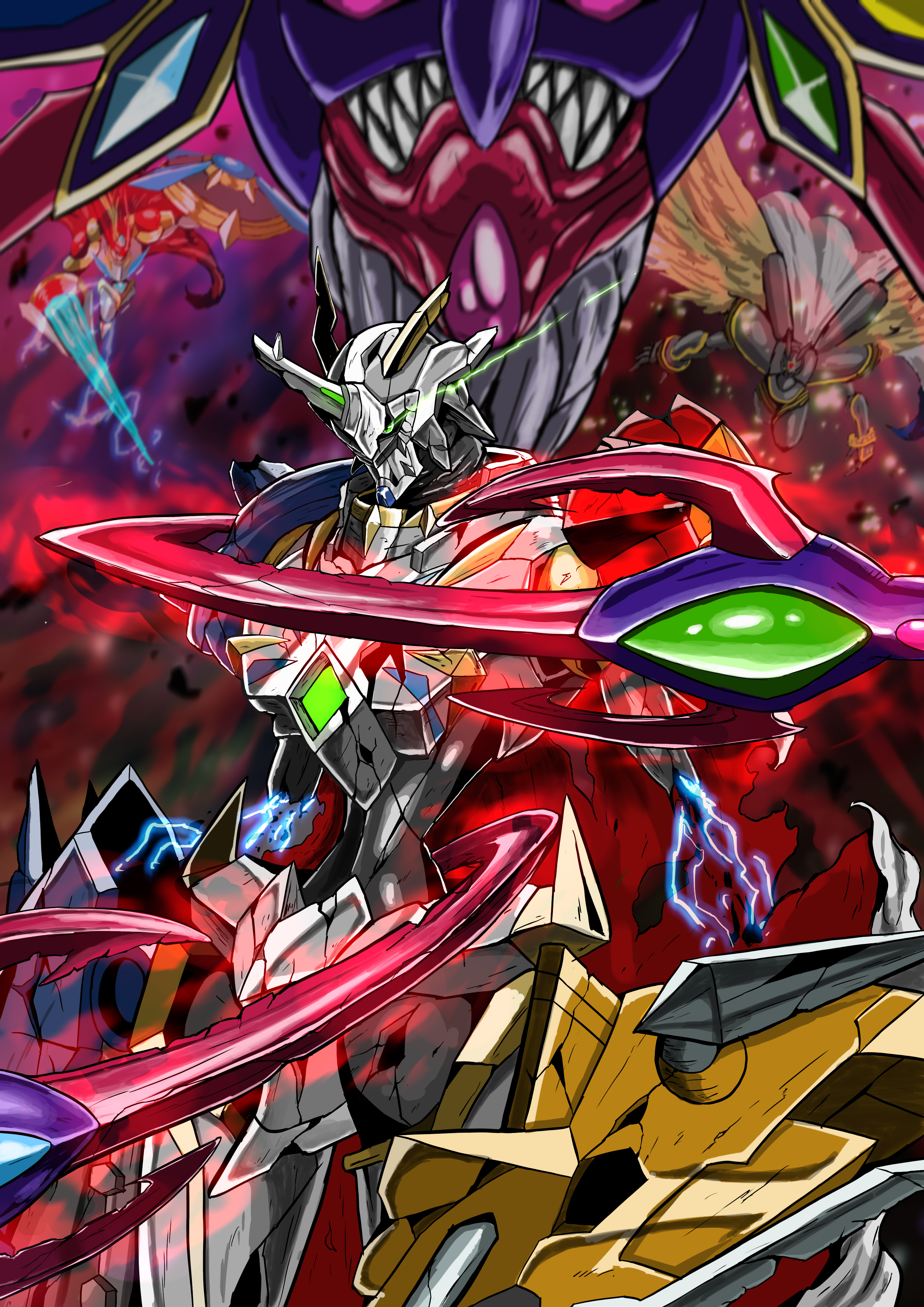 absurdres alphamon alphamon_ouryuken damaged digimon digimon_(creature) dukemon dukemon_x-antibody green_eyes highres horns lance ogudomon ogudomon_x-antibody omegamon omegamon_x-antibody polearm sharp_teeth shield teeth tentacles weapon