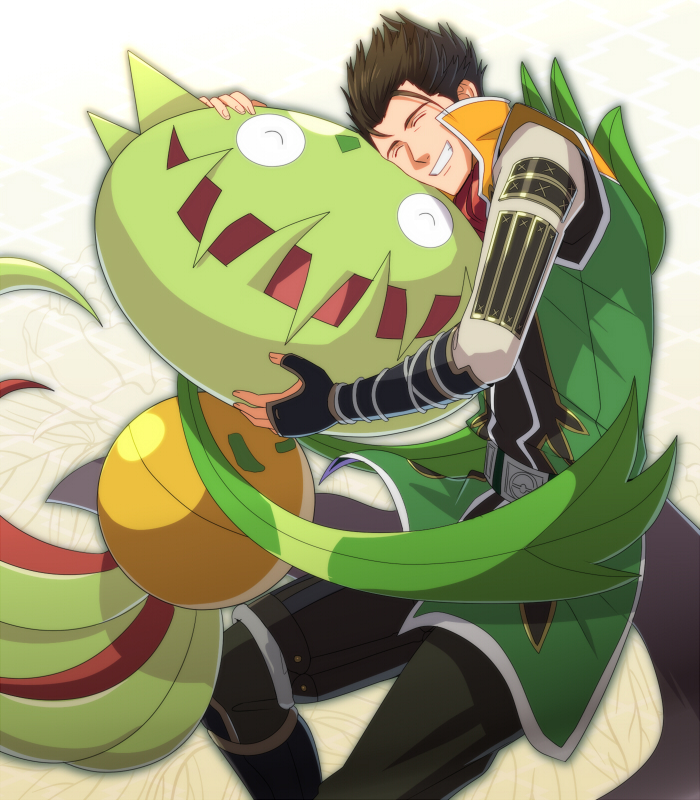 1boy armor ascot brown_hair carnivine closed_eyes gen_4_pokemon happy hug japanese_clothes kajiwara_io male_focus nintendo pokemon pokemon_conquest saika_magoichi sengoku_musou smile spiked_hair
