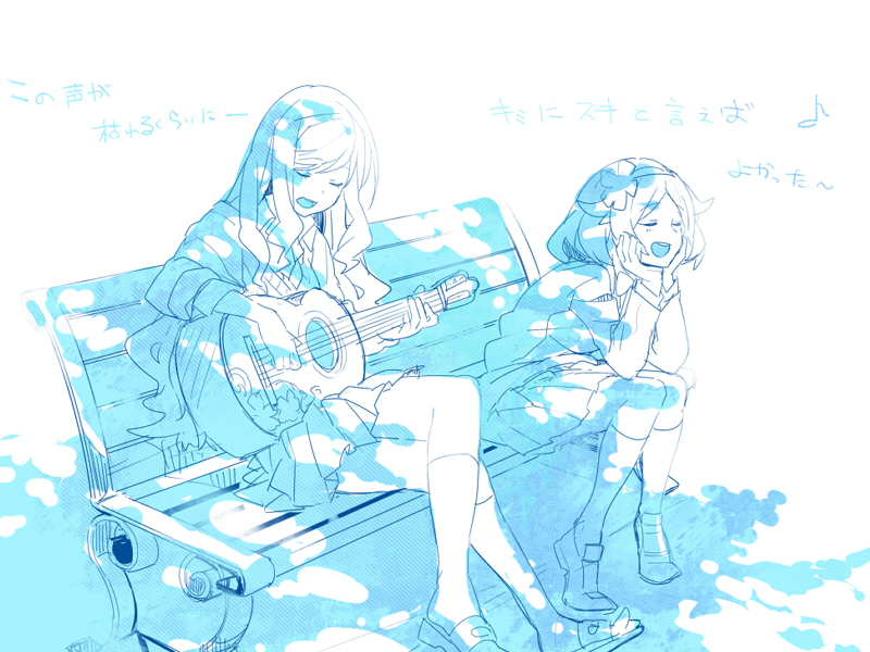 10s 2girls acoustic_guitar aqua_theme bench bianca_(pokemon) closed_eyes crossed_legs guitar hairband hilda_(pokemon) instrument kneehighs long_hair lyrics monochrome multiple_girls music nintendo pokemon pokemon_bw sandals shoes short_hair shuri_(84k) singing sitting smile socks white_background
