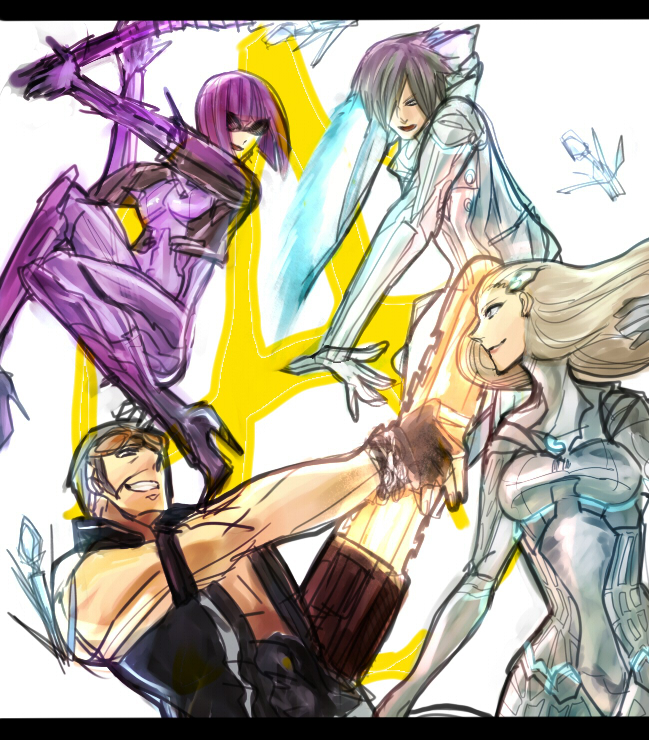 2boys 2girls blonde_hair bodysuit brown_hair chainsaw cyborg goggles grey_hair jack_cayman jacket leonhardt_victorion long_hair mace madworld mathilda_(madworld) max_anarchy multiple_boys multiple_girls purple_hair sasha_ivanoff skin_tight sunglasses weapon