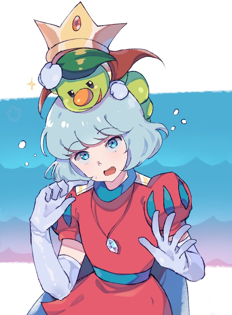 2boys animal animal_on_head belt blue_belt blue_cape blue_eyes blue_hair cape caterpillar crown elbow_gloves fq75017 gloves green_hair grey_gloves jewelry looking_at_another looking_up mario_(series) medium_hair multiple_boys necklace nintendo on_head prince_florian prince_haru puffy_short_sleeves puffy_sleeves red_cape red_tunic short_hair short_sleeves super_mario_bros.:_peach-hime_kyushutsu_dai_sakusen! super_mario_bros._wonder tunic