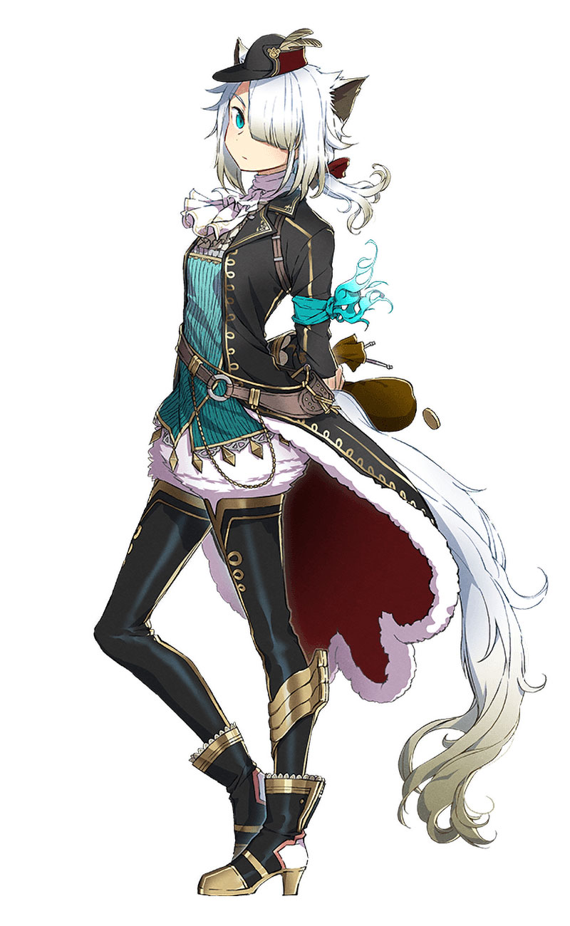 1girl animal_ears aqua_armband aqua_eyes aqua_shirt armband arms_behind_back ascot belt boots cat_ears closed_mouth coat flat_chest full_body fur-trimmed_coat fur_shorts fur_trim gold_trim hair_over_one_eye hat high_heel_boots high_heels highres low_ponytail mini_hat nakbe official_art open_clothes open_coat ponytail shirt short_ponytail solo standing tachi-e tail thighhighs third-party_source white_ascot white_cat_(ys) white_hair ys ys_ix:_monstrum_nox