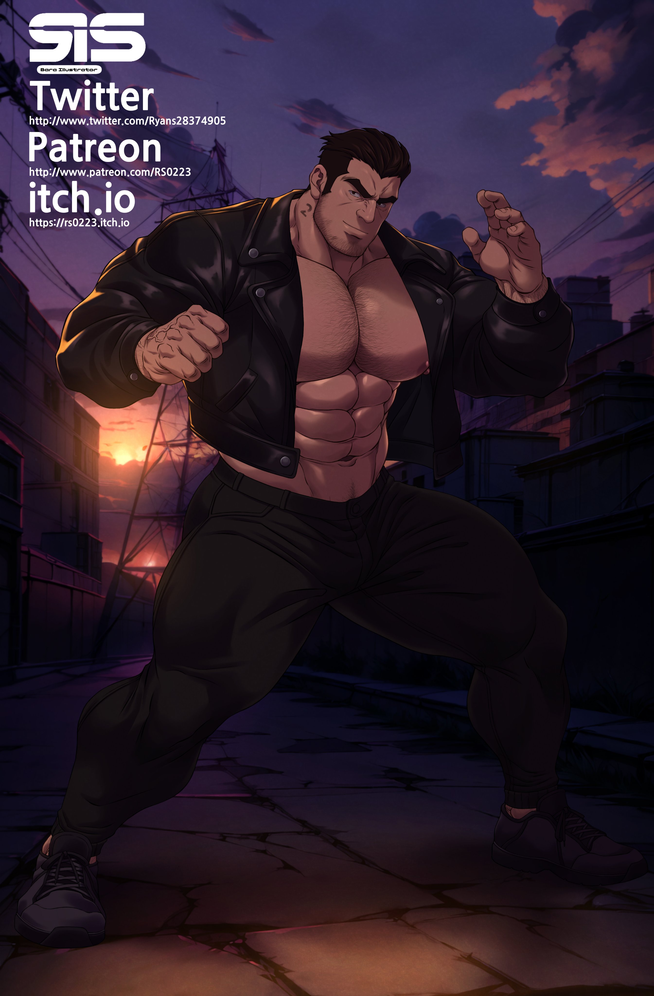 1boy abs absurdres alternate_pectoral_size bara bare_pectorals beard_stubble black_hair bulge facial_hair fighting_stance full_body highres huge_pectorals jacket leather leather_jacket looking_at_viewer lucas_lee male_focus muscular muscular_male navel navel_hair nipples paid_reward_available pectorals ryans scott_pilgrim_(series) scott_pilgrim_takes_off short_hair smile solo sparse_chest_hair standing stomach stubble sunset veins veiny_hands wrinkled_skin