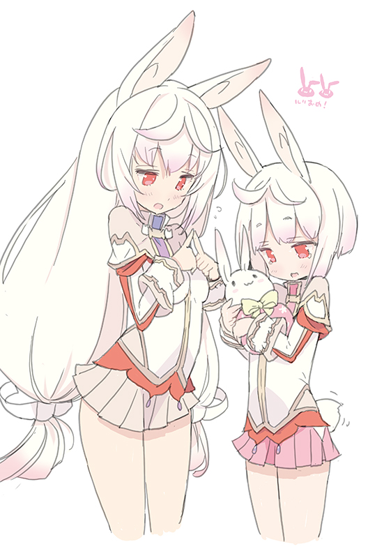 animal_ears blade_(galaxist) blush child commentary_request eyebrows flat_chest gradient_hair kirara_ookami long_hair low-tied_long_hair multicolored_hair multiple_girls official_art open_mouth pink_hair pop-up_story rabbit rabbit_ears rabbit_girl rabbit_tail red_eyes ruri_ookami school_uniform short_hair siblings simple_background sisters skirt smile tail tears white_background white_hair