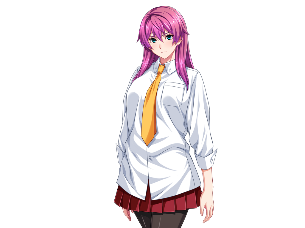 1girl aqua_eyes black_pantyhose blue_eyes breast_pocket breasts cowboy_shot game_cg gentle_sasaki hair_between_eyes large_variant_set long_hair long_sleeves looking_at_viewer necktie non-web_source official_art pantyhose pink_hair pleated_skirt pocket purple_hair red_skirt school_uniform shindou_hatsune shirt skirt solo soukou_senki_prism_reica transparent_background variant_set white_shirt yellow_necktie