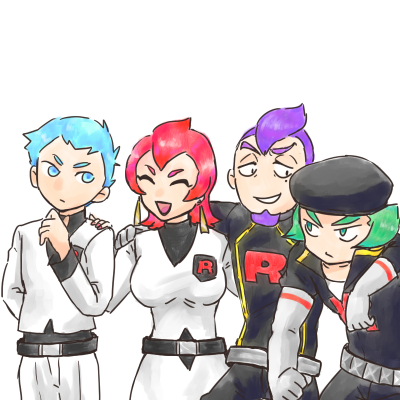 1girl archer_(pokemon) ariana_(pokemon) beard beret black_hat blue_eyes blue_hair breasts collarbone facial_hair green_eyes green_hair hat mole mole_under_eye morityuu nail_polish nintendo petrel_(pokemon) pokemon pokemon_hgss proton_(pokemon) red_hair red_nails short_hair simple_background team_rocket team_rocket_uniform white_background