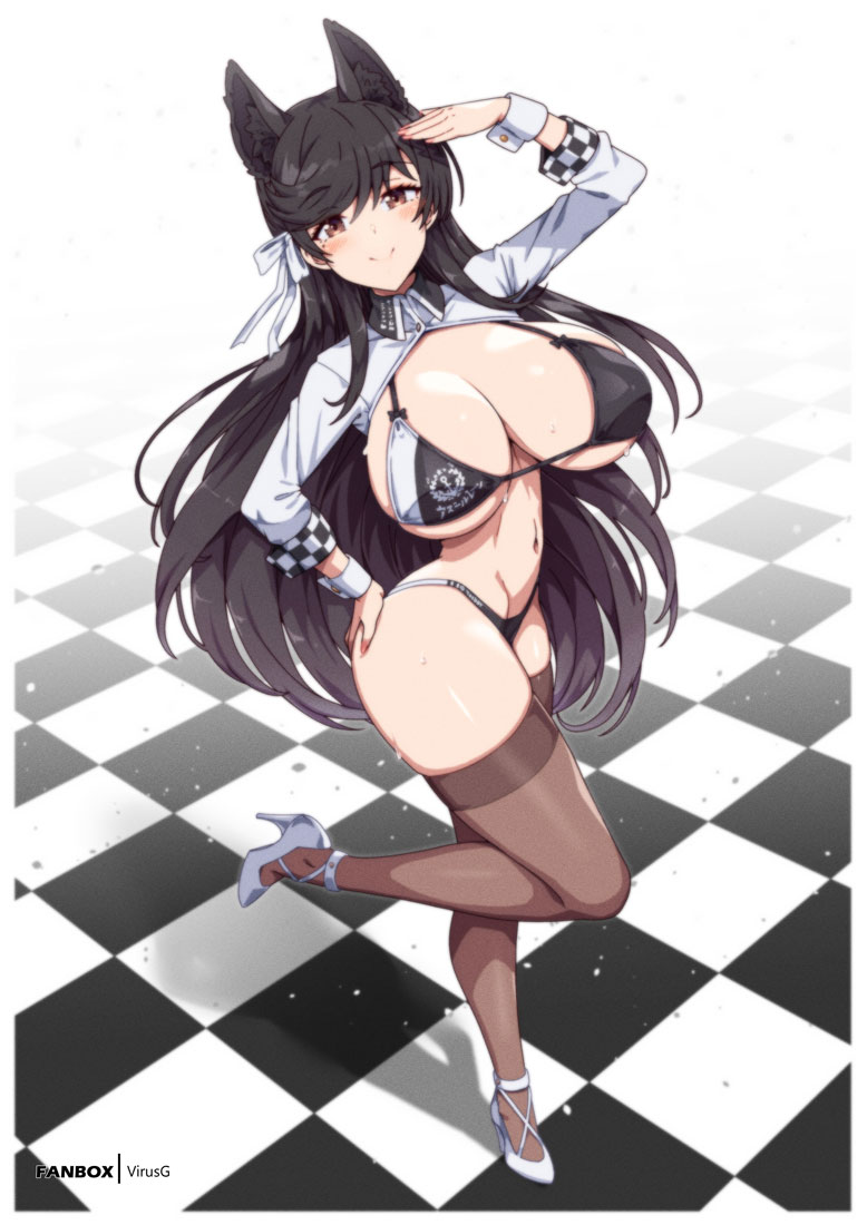 1girl animal_ears atago_(azur_lane) atago_(stunning_speedster)_(azur_lane) azur_lane bikini black_bikini black_hair black_thighhighs breasts brown_eyes checkered_floor cleavage extra_ears full_body hair_ribbon highleg highleg_bikini large_breasts logo long_hair looking_at_viewer mole mole_under_eye multicolored_bikini official_alternate_costume race_queen ribbon salute shoes sleeve_cuffs solo swimsuit thighhighs two-tone_bikini virus-g white_ribbon white_shoes wolf_ears wrist_cuffs
