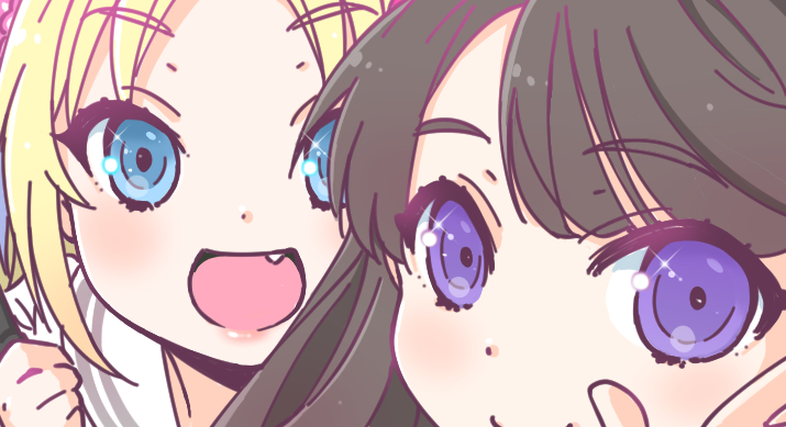 2girls :d blonde_hair blue_eyes brown_hair closed_mouth commentary fujishima_megumi link!_like!_love_live! long_hair looking_at_viewer love_live! multiple_girls open_mouth osawa_rurino purple_eyes sailor_collar shinanoya_(satanicad) smile teeth upper_teeth_only virtual_youtuber white_sailor_collar