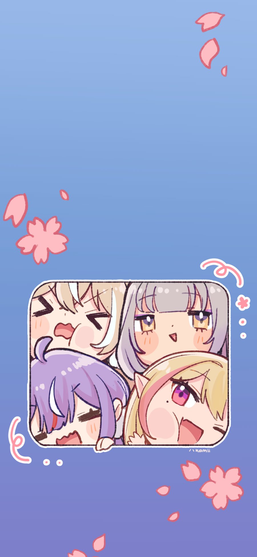 4girls ahoge biscotti_(vtuber) blonde_hair brown_eyes brown_hair cherry_blossoms chibi chibi_only face_squeeze fang flower grey_hair hakamii highres horse_girl kou_mariya long_hair looking_at_viewer mole mole_under_eye mono_monet multicolored_hair multiple_girls open_mouth pink_hair pink_streaks pointy_ears purple_eyes purple_hair red_hair skin_fang smile squeezing_cheeks streaked_hair v4mirai virtual_youtuber white_hair yae_yugiri yellow_eyes