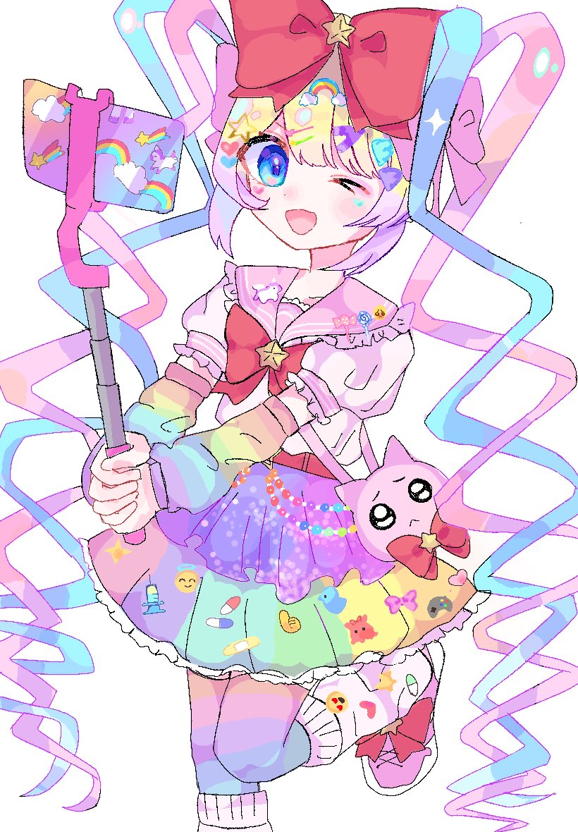 &gt;_o 1girl ;d blonde_hair blue_eyes blue_hair bow cellphone chouzetsusaikawa_tenshi-chan commentary decora hair_bow hair_ornament hashtag-only_commentary holding holding_stick interlocked_fingers itomakirichan leg_warmers long_hair looking_at_viewer multicolored_hair multicolored_skirt needy_girl_overdose official_alternate_costume one_eye_closed open_mouth own_hands_together phone pien_cat_(needy_girl_overdose) pink_hair pink_sailor_collar pink_shoes pleated_skirt quad_tails rainbow_hair_ornament red_bow sailor_collar selfie selfie_stick shirt shoes short_sleeves skirt smartphone smile solo sparkle standing standing_on_one_leg star_(symbol) star_hair_ornament stick taking_picture white_shirt