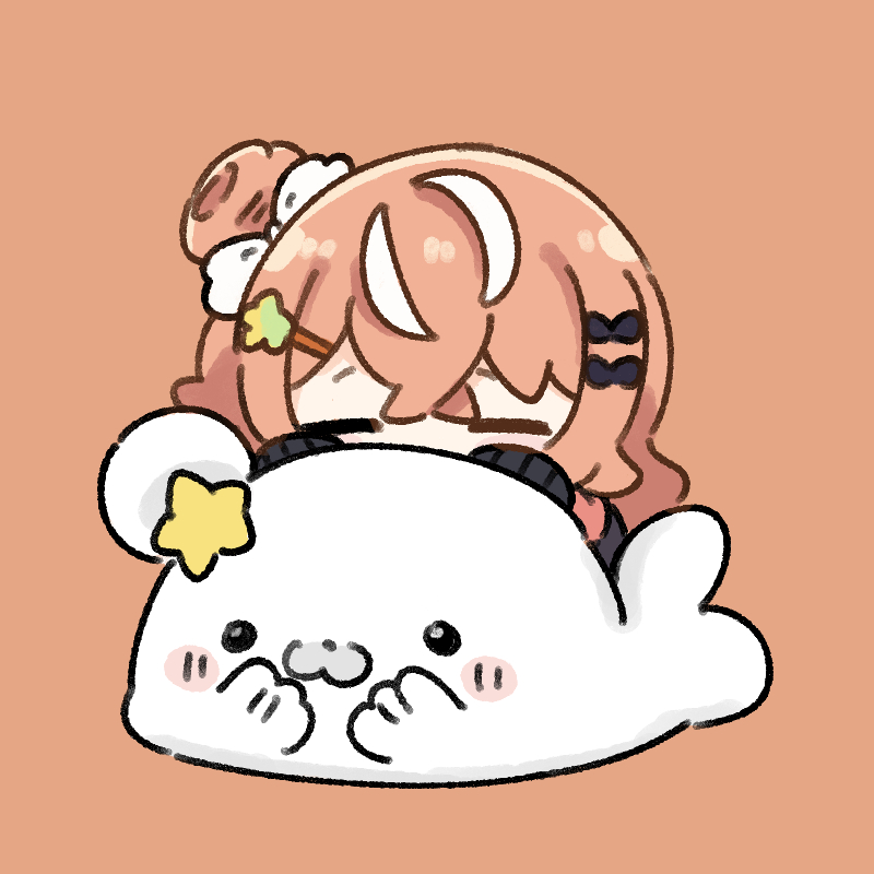 1girl animal black_bow blush_stickers bow brown_background brown_hair brown_jacket chibi closed_eyes commentary full_body hair_between_eyes hair_bow hair_bun hair_ornament hairclip igarashi_rika jacket long_sleeves multicolored_hair nijisanji nozo_(hitomiz) one_side_up seal_(animal) simple_background single_side_bun sleeves_past_fingers sleeves_past_wrists solo star_(symbol) star_hair_ornament streaked_hair virtual_youtuber white_bow white_hair