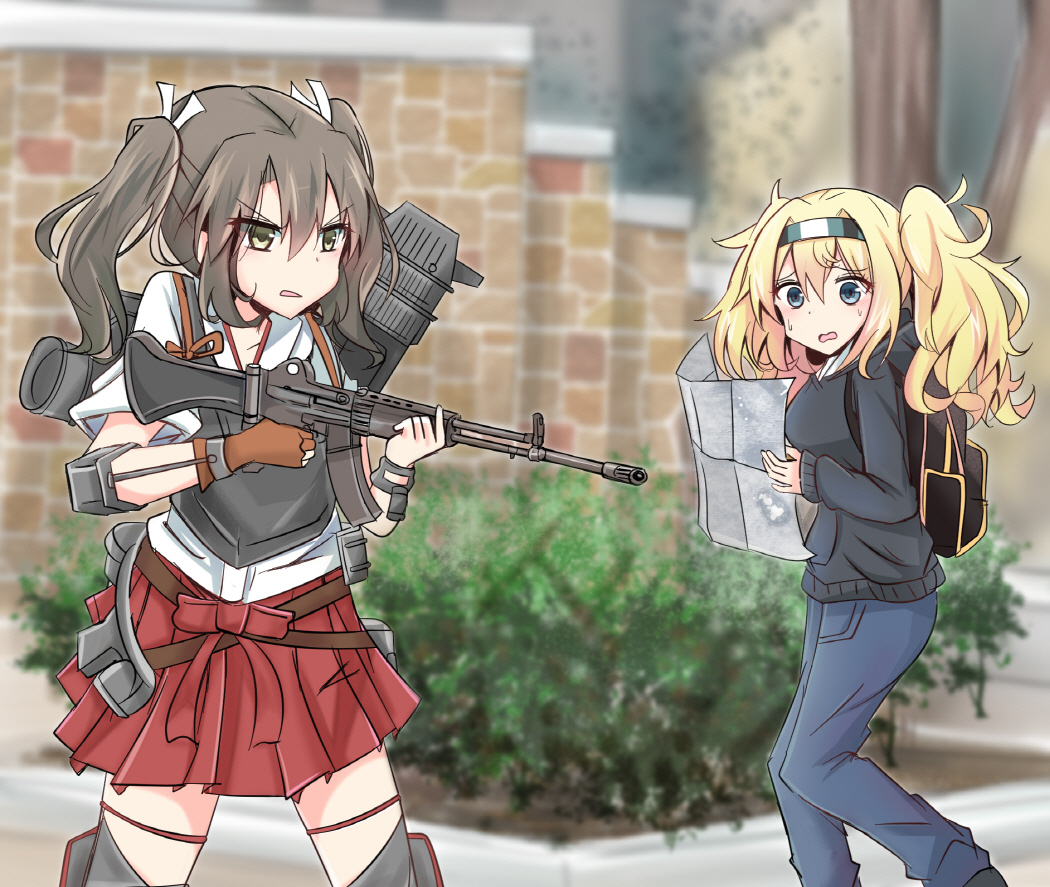assault_rifle backpack bag battle_rifle blonde_hair blue_eyes bush cyberdemon_no3 daewoo_k2 denim flight_deck gambier_bay_(kancolle) gun hairband hakama hakama_short_skirt hakama_skirt japanese_clothes jeans kantai_collection long_hair muneate pants ribbon rifle skirt sweater twintails wallgloves weapon white_ribbon zuikaku_(kancolle)