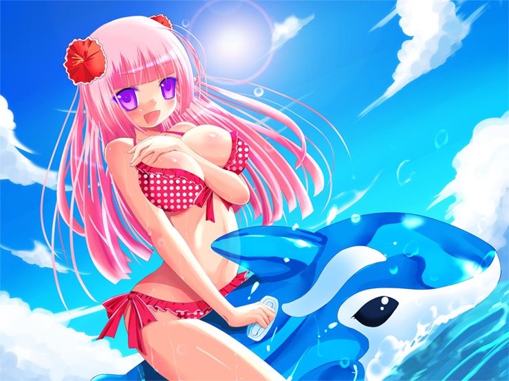 1girl :d bad_id bad_pixiv_id between_breasts bikini breasts day dutch_angle female_focus inflatable_dolphin inflatable_toy kay kay_(utd) large_breasts long_hair open_mouth original pink_hair purple_eyes smile solo swimsuit water