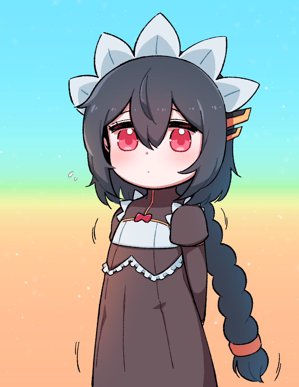 1girl aged_down black_hair black_wyrm_(last_origin) blush braid child hair_between_eyes highres last_origin looking_at_viewer maid_headdress mini_black_wyrm_(last_origin) mogijabgo motion_lines red_eyes single_braid solo
