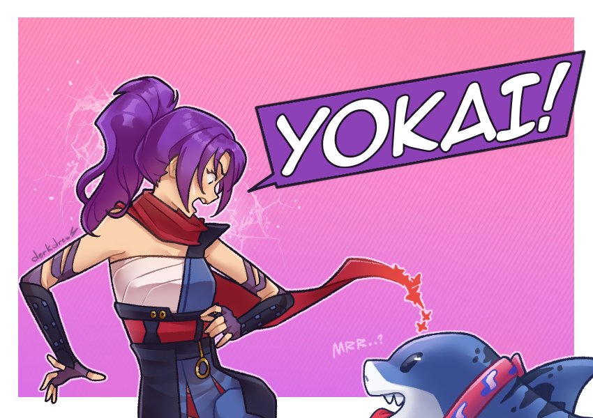 1girl derkdrew124 elbow_gloves gloves japanese_clothes jeff_(marvel) kimono long_hair marvel marvel_rivals ponytail psylocke psylocke_(sai) purple_eyes purple_hair sarashi scarf shark superhero_costume x-men