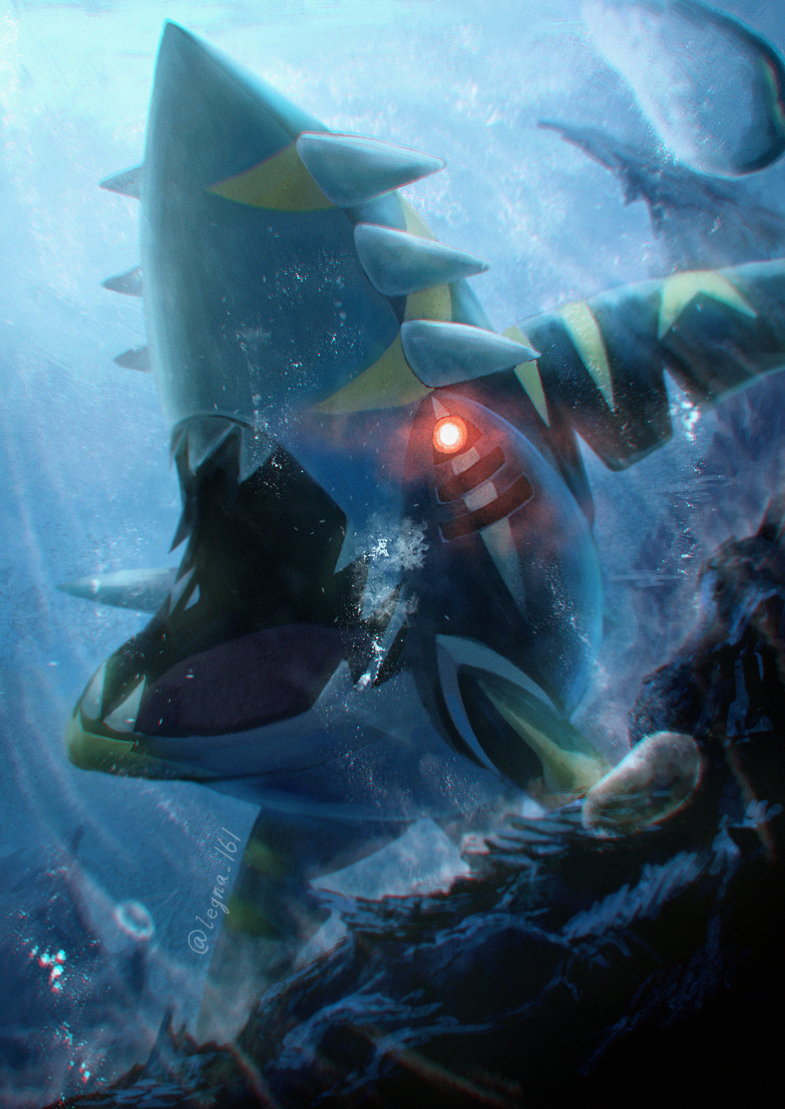 absurdres air_bubble animal_focus bubble gen_3_pokemon glowing glowing_eyes highres legna_(legna_161cm) mega_pokemon mega_sharpedo nintendo no_humans open_mouth pokemon pokemon_(creature) red_eyes sharp_teeth sharpedo solo teeth twitter_username underwater