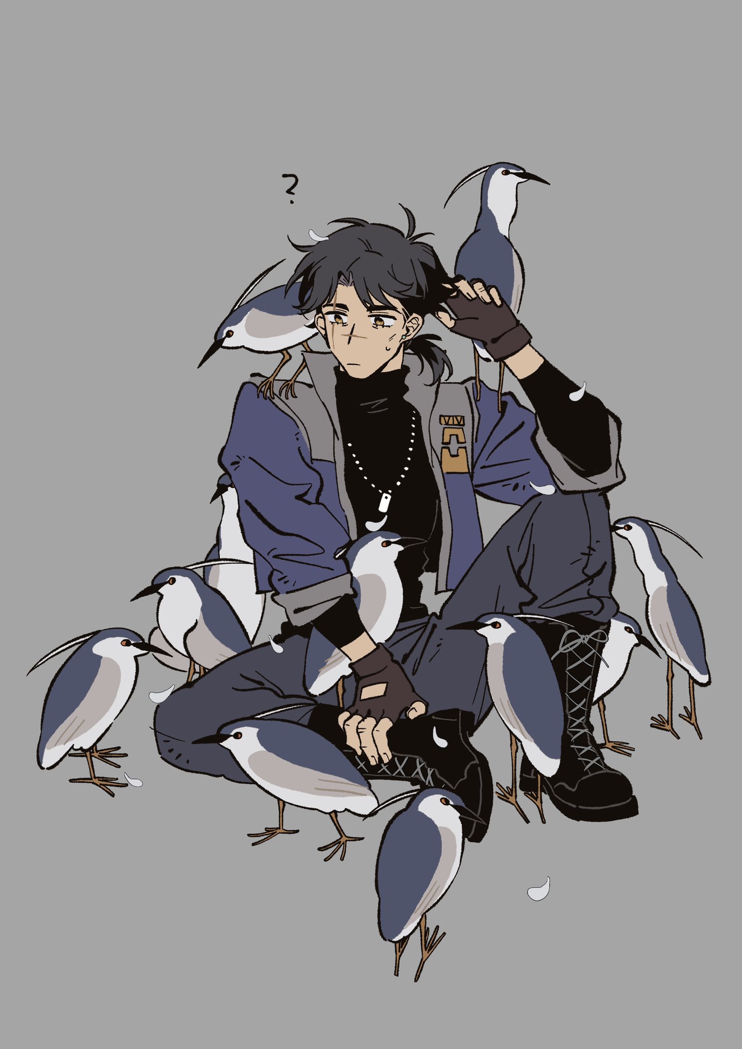 1boy animal armored_core armored_core_vi:_fires_of_rubicon bird black_boots black_gloves black_hair black_pants black_shirt blue_jacket boots brown_eyes closed_mouth dog_tags fingerless_gloves full_body gloves grey_background highres jacket knee_up la_bo_chu_shi male_focus pants ponytail scar scar_across_eye scar_on_face scar_on_nose shirt short_hair simple_background sitting sleeves_rolled_up solo sweatdrop v.iv_rusty
