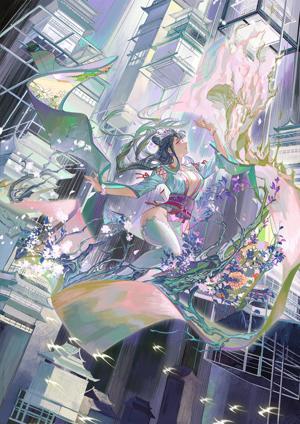 1girl bird black_hair breasts building city cleavage floating_hair flower flying hair_bun hair_flower hair_ornament highres japanese_clothes jewelry kachou_fuugetsu_(onmyoji) kimono large_breasts long_hair looking_up obi onmyoji onmyoji:_the_card_game sash solo thighhighs white_thighhighs wide_sleeves yinzinmiemie