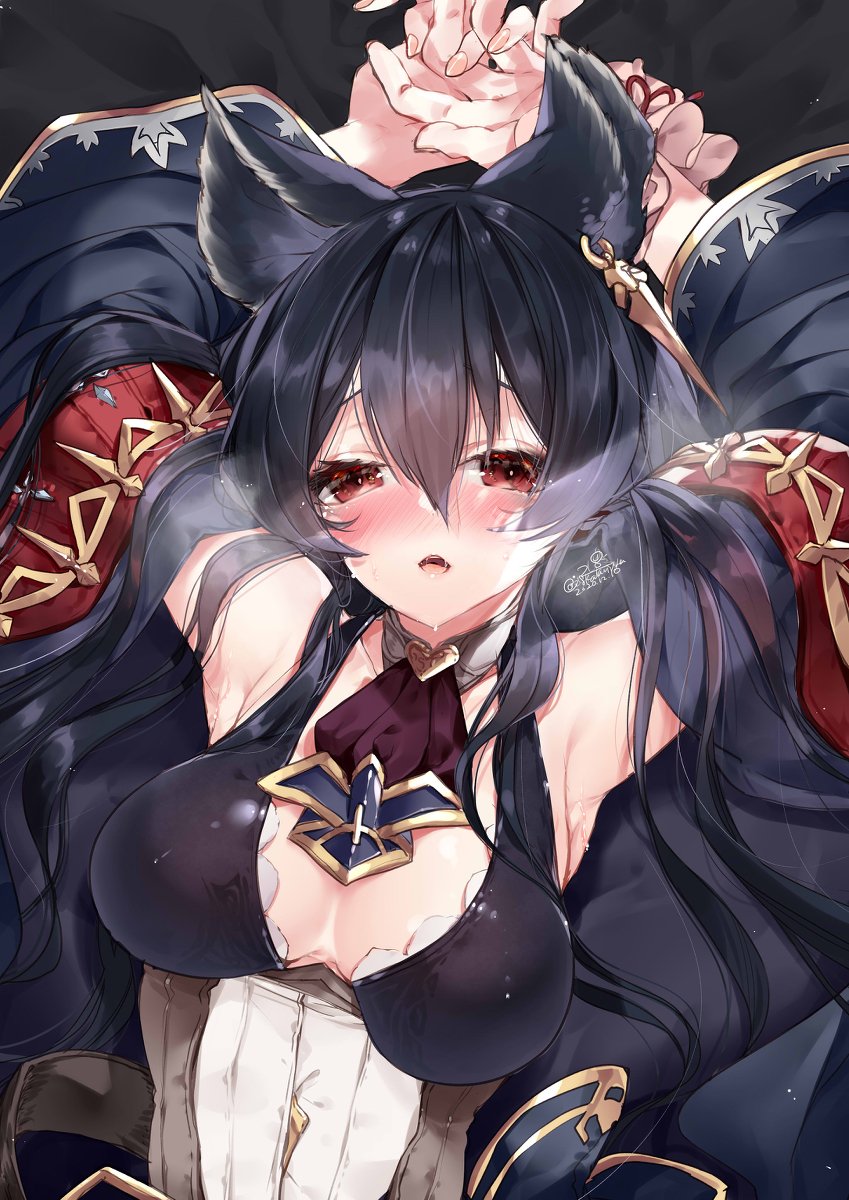 1girl 218 animal_ears armpits arms_up ascot black_hair blush breasts brown_ascot cleavage dress ear_piercing erune granblue_fantasy highres medium_breasts nier_(granblue_fantasy) open_clothes open_robe parted_lips photoshop_(medium) piercing red_eyes robe solo steaming_body wide_sleeves