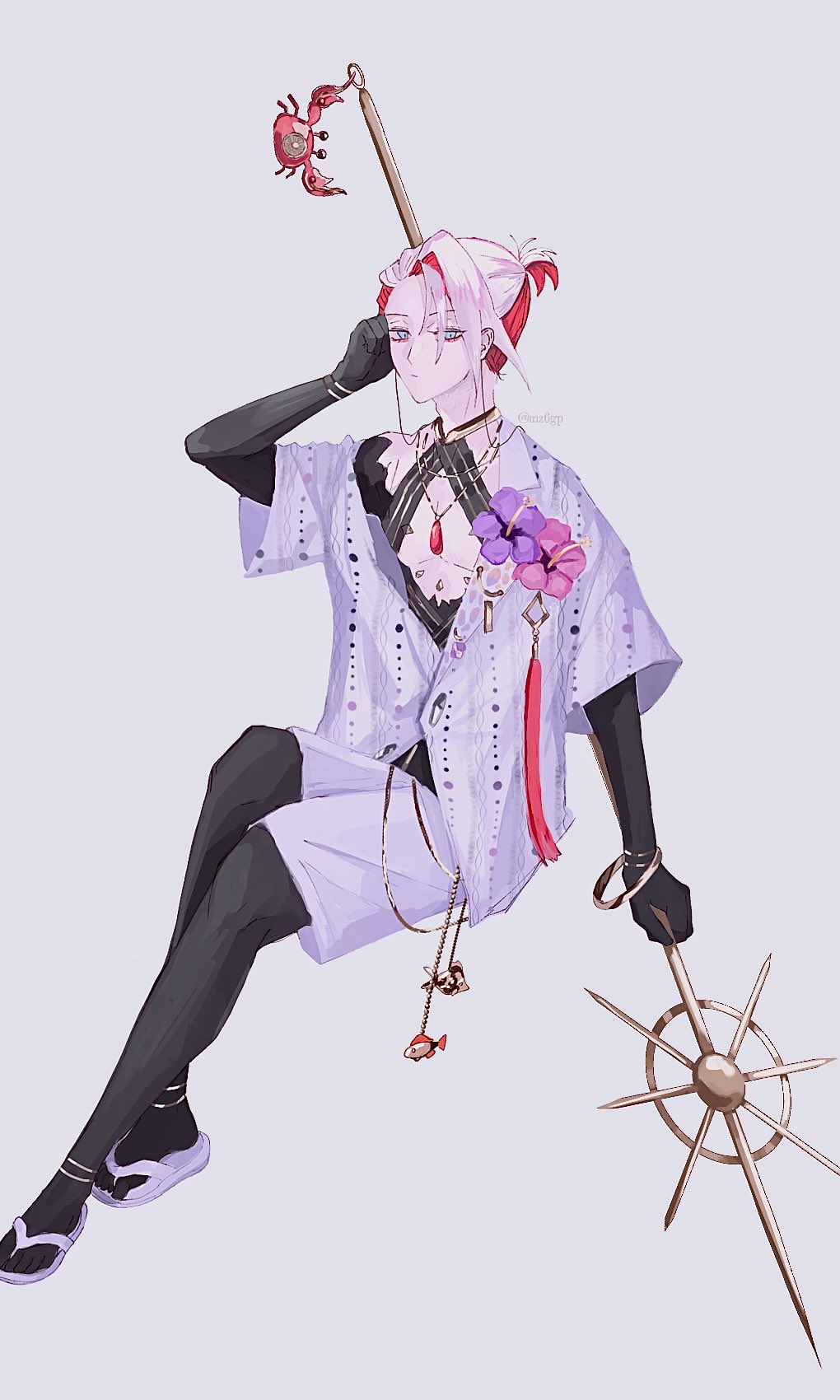 1boy bishounen blue_eyes bracelet chain chest_jewel colored_inner_hair crab eyeshadow eyeshadow_under_eye fate/grand_order fate_(series) full_body gold_chain grey_background hair_between_eyes highres holding holding_polearm holding_weapon jewelry karna_(fate) karna_(summer_outfit)_(fate) looking_at_viewer makeup male_focus multicolored_hair mz6gp necklace official_alternate_costume official_alternate_hairstyle pale_skin polearm ponytail red_eyeshadow red_hair sandals shirt short_hair short_ponytail shorts simple_background sitting solo two-tone_hair vasavi_shakti_(fate) weapon white_hair white_shirt white_shorts
