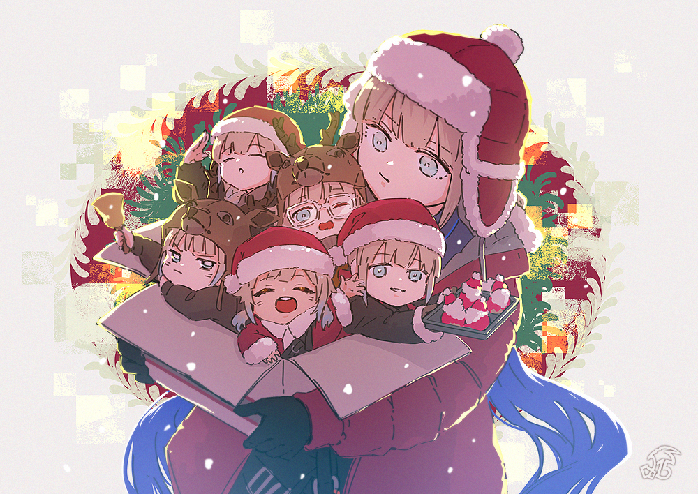 2boys 4girls :/ abstract_background arm_up artist_logo baker_nemo_(fate) baker_nemo_(santa)_(fate) bell black_gloves blue_eyes blue_hair blunt_bangs box bright_pupils brown_hair captain_nemo_(fate) captain_nemo_(santa)_(fate) cardboard_box chibi closed_eyes closed_mouth commentary_request down_jacket engineer_nemo_(fate) engineer_nemo_(santa)_(fate) expressionless facing_viewer fate/grand_order fate_(series) fur-trimmed_headwear fur-trimmed_jacket fur-trimmed_sleeves fur_trim furrowed_brow glaring gloves gradient_hair grin hat holding holding_bell holding_box holding_tray iduhara_jugo in_box in_container jacket logo long_hair looking_at_another looking_at_viewer low_twintails marine_nemo_(fate) marine_nemo_(santa)_(fate) mole mole_under_eye mole_under_mouth multicolored_hair multiple_boys multiple_girls nemo_(fate) nurse_nemo_(fate) nurse_nemo_(santa)_(fate) one_eye_closed open_clothes open_jacket open_mouth professor_nemo_(fate) professor_nemo_(santa)_(fate) red_headwear red_jacket reindeer_hat santa_hat short_twintails smile tray twintails upper_body v-shaped_eyebrows waving white_pupils