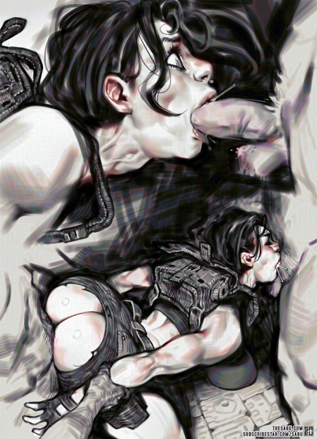 1girl 2boys anal bare_shoulders breasts double_penetration fellatio grabbing_another&#039;s_arm group_sex lara_croft large_breasts long_hair mmf_threesome multiple_boys oral penis rape sabu_(sabudenego) sex sex_from_behind shorts spitroast threesome tomb_raider torn_clothes torn_shorts watermark web_address