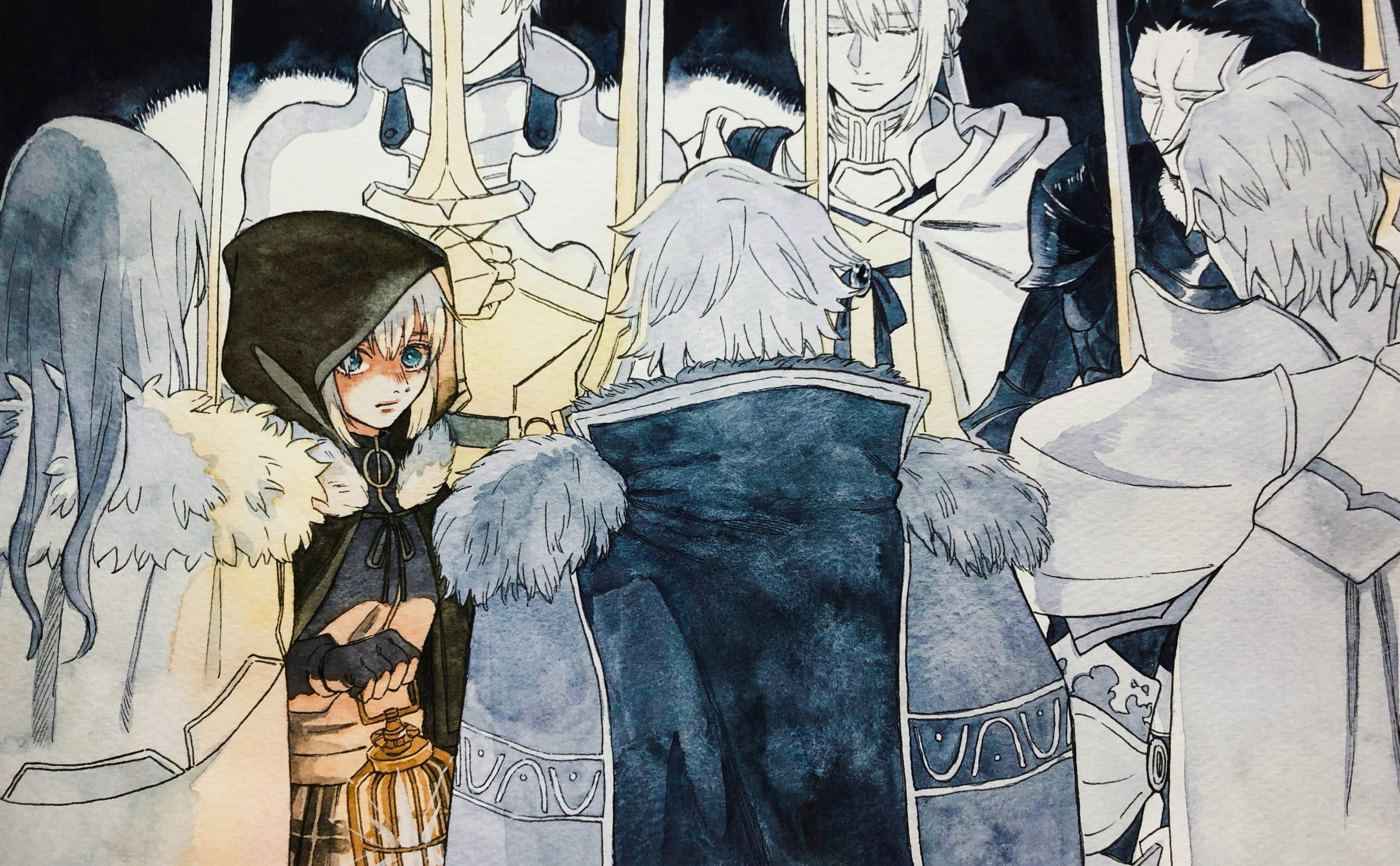 1girl 6+boys absurdres agravain_(fate) armor bedivere_(fate) black_hood blue_eyes cape cheeeeese0619 closed_eyes commentary_request fate/grand_order fate_(series) fur-trimmed_cape fur_trim gawain_(fate) gray_(fate) grey_hair highres holding holding_lantern holding_sword holding_weapon knights_of_the_round_table_(fate) lancelot_(fate/grand_order) lantern long_hair lord_el-melloi_ii_case_files multiple_boys partially_colored percival_(fate) sword tristan_(fate) weapon