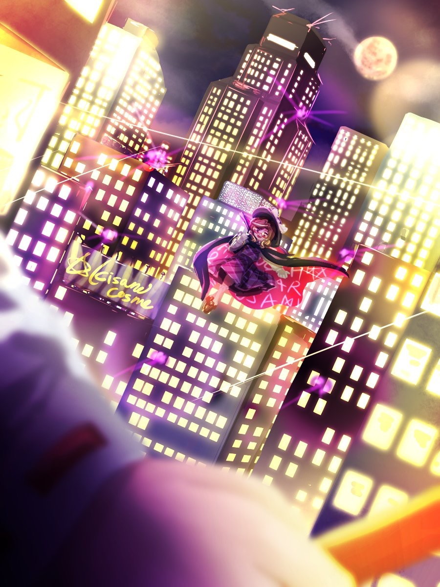 2girls battle billboard brown_hair building city cloak detached_sleeves english_text floating gohei hakurei_reimu hat highres levitation minus_(sr_mineka) moon multiple_girls night occult_ball out_of_frame plaid_clothes plaid_skirt plaid_vest runes school_uniform skirt skyscraper touhou urban_legend_in_limbo usami_sumireko vest wide_sleeves