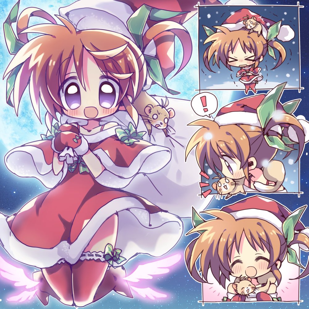 ! 1girl ^^^ animal animal_around_neck animal_on_head animal_on_shoulder bow_legwear brown_hair capelet christmas closed_eyes dress ferret floating hair_ribbon hat holding holding_animal holding_sack kiba_yaeba lace lace-trimmed_thighhighs lace_trim legs_up looking_at_viewer lyrical_nanoha mahou_shoujo_lyrical_nanoha medium_dress mittens night notice_lines on_head open_mouth outdoors outside_border over_shoulder purple_eyes red_capelet red_dress red_headwear red_mittens red_thighhighs ribbon sack santa_costume santa_dress santa_hat sky smile snowing spoken_exclamation_mark star_(sky) starry_sky takamachi_nanoha thighhighs trembling twintails yuuno_scrya