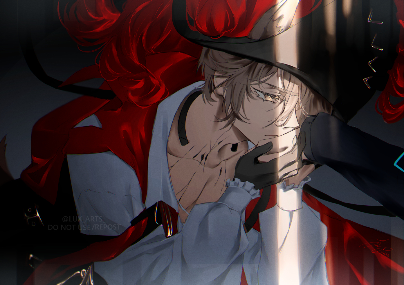 1boy 1other animal_ears arknights black_gloves black_headwear cat_ears commentary_request gloves grey_eyes grey_hair long_sleeves lux_arts male_focus material_growth official_alternate_costume oripathy_lesion_(arknights) phantom_(arknights) phantom_(focus)_(arknights) shirt short_hair solo_focus upper_body white_shirt