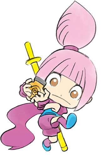 1girl blue_footwear blue_shirt brown_eyes child hair_bun kat_(warioware) looking_at_viewer lowres nintendo official_art pink_hair purple_scarf scabbard scarf sheath shirt takeuchi_kou third-party_source warioware warioware:_get_it_together!