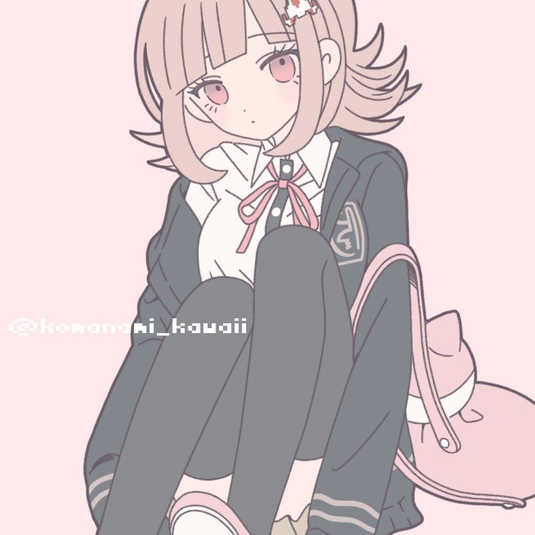 1girl animal_bag black_jacket black_shirt black_thighhighs brown_hair cat_bag collared_shirt danganronpa_(series) danganronpa_2:_goodbye_despair flipped_hair galaga grey_background jacket knees_up komanami_kawaii medium_hair nanami_chiaki neck_ribbon off_shoulder open_clothes open_jacket pink_bag ribbon shirt shoes simple_background sitting solo spaceship_hair_ornament thighhighs two-tone_shirt white_shirt