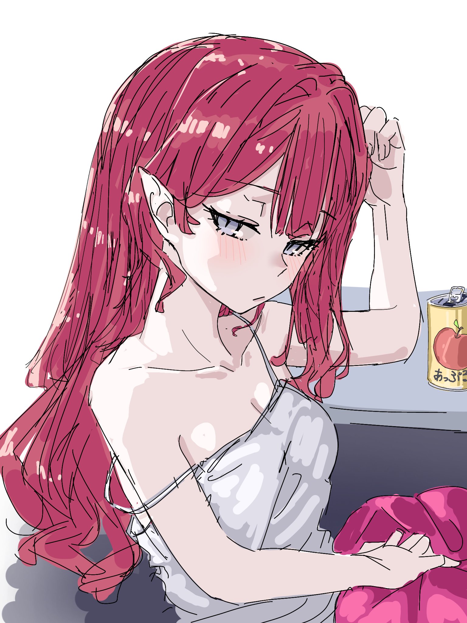 1girl baobhan_sith_(fate) blush breasts camisole canned_soup cleavage fate/grand_order fate_(series) grey_eyes hand_up highres long_hair looking_at_viewer niwaikanai pink_hair pointy_ears simple_background solo white_background white_camisole
