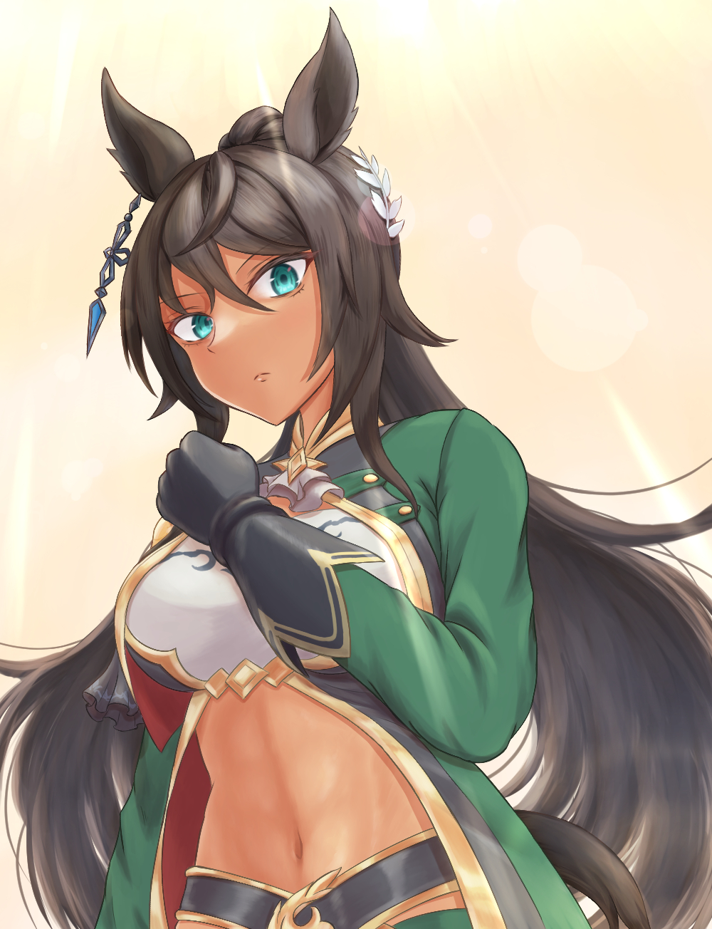 1girl animal_ears aqua_eyes black_gloves black_hair dark-skinned_female dark_skin expressionless from_below gloves green_jacket hair_between_eyes highres horse_ears horse_girl ichimai_(apieceof_ray151) jacket long_hair long_sleeves looking_at_viewer navel ponytail solo symboli_kris_s_(umamusume) umamusume