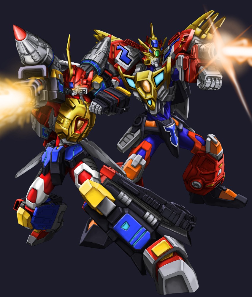 armor beam black_background clenched_hands denkou_choujin_gridman denkou_choujin_gridman:_boys_invent_great_hero drill glowing glowing_eye glowing_eyes gridman_(character) gridman_sigma humanoid_robot king_gridman male_focus mecha minori_0214 neon_trim no_humans no_pupils orange_eyes robot shoulder_armor standing thunder_gridman tokusatsu yellow_eyes