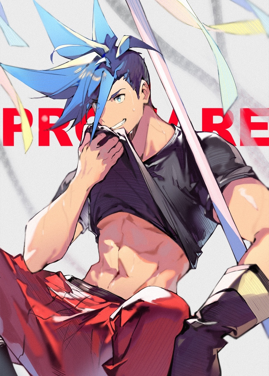 1boy abs black_gloves black_shirt blue_eyes blue_hair clothes_lift copyright_name dadijiji galo_thymos gloves grey_background grin highres male_focus navel pants promare red_pants shirt shirt_lift short_hair short_sleeves sideburns smile solo toned toned_male underpec wiping_face
