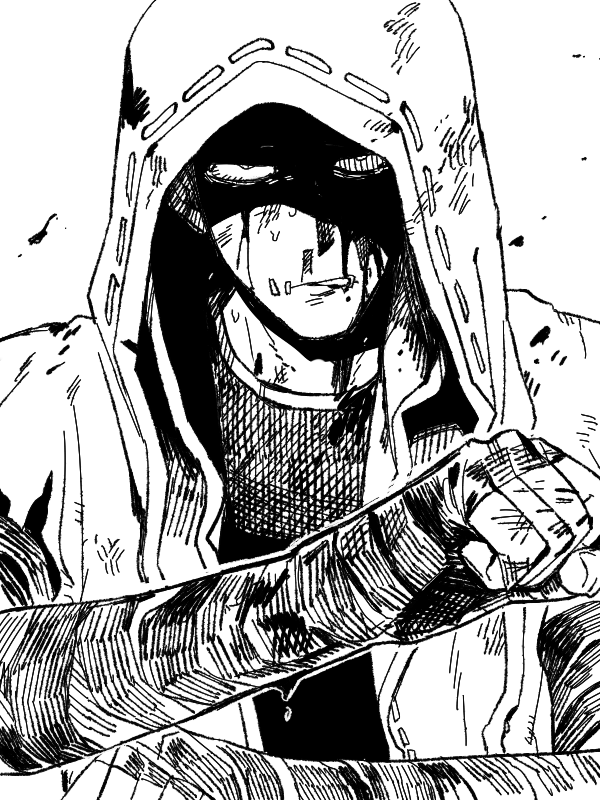1boy blood blood_on_face clenched_hand clenched_teeth cloak fingerless_gloves gloves greyscale hood hood_up hooded_cloak identity_v looking_at_viewer male_focus michiru_(amphibian) monochrome naib_subedar nosebleed partially_shaded_face solo stitched_face stitches sweatdrop teeth